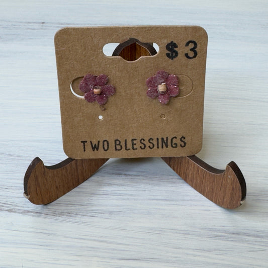 Two Blessings Earrings - Flower - Burgundy w/Glitter
