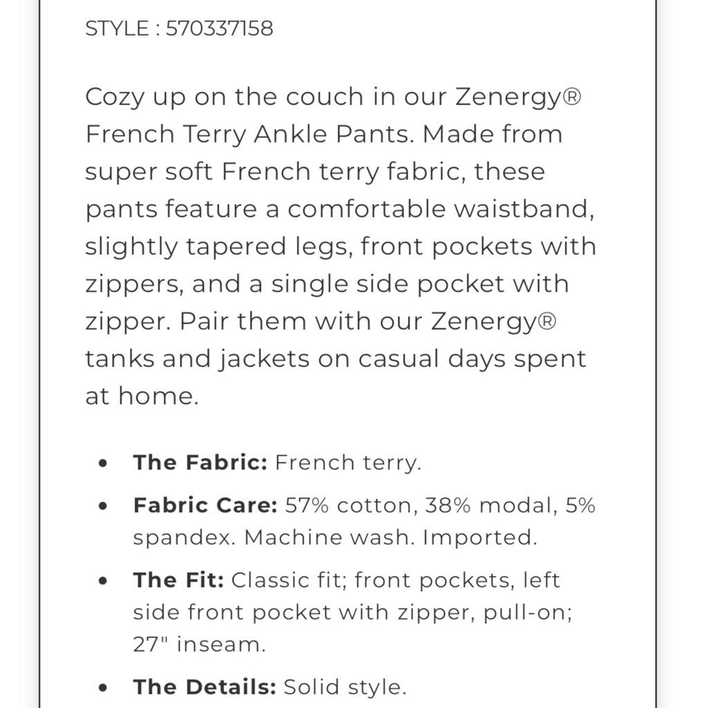 Chico's Zenergy French Terry Ankle Pants - Size Large