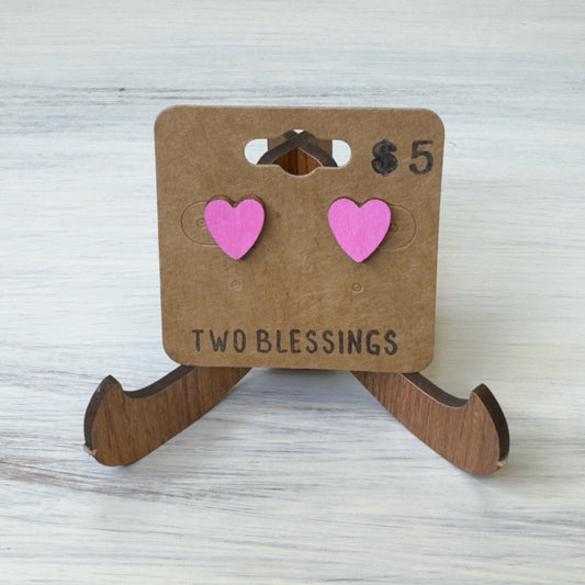 Two Blessings Earrings - Wood Heart - Pink