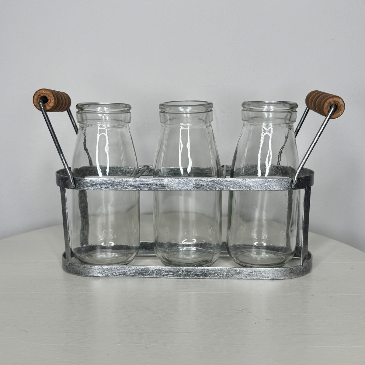 Metal Basket With Glass Milk Bottles