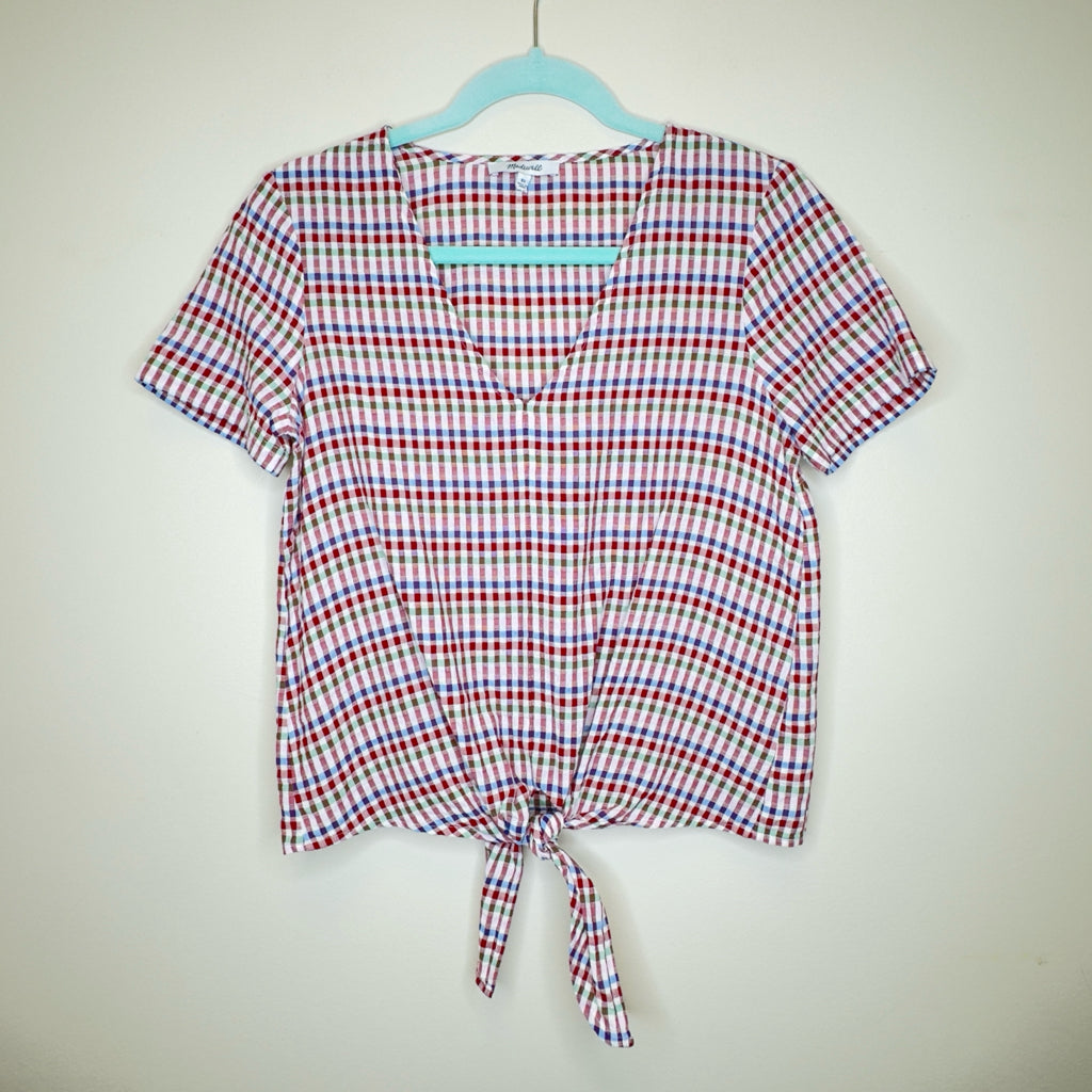 Madewell Seersucker Plaid Tie Front Top - Size XS