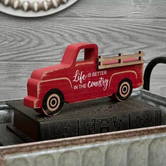 Life Is Better In The Country Red Truck Wood Decor Block Sign