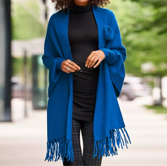 Boston Proper Rosette Fringe Poncho - Classic Blue - Size XS/S
