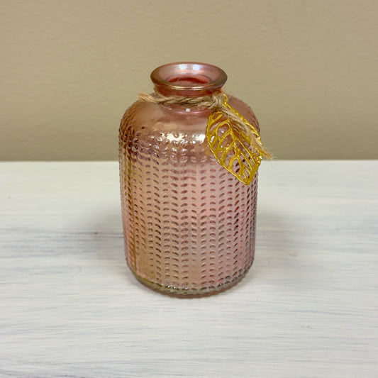 Pink Glass Bud Vase w/Gold Leaf Charm