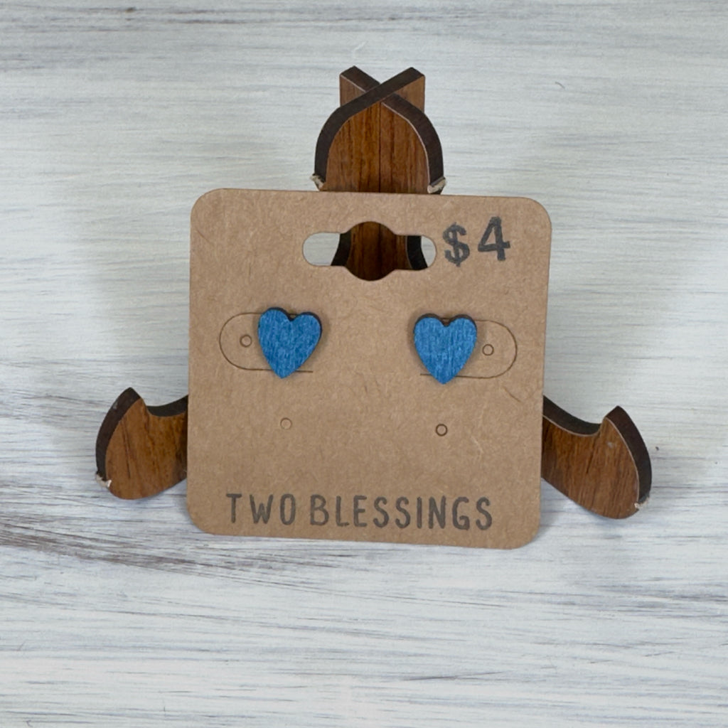 Two Blessings Earrings - Wood Heart - Blue