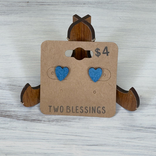 Two Blessings Earrings - Wood Heart - Blue