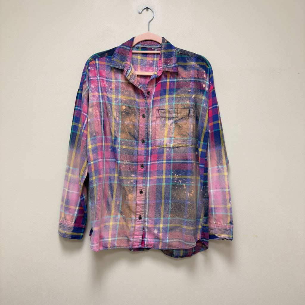 Old Navy Plaid Hand Bleached Button Front Top - Size Small