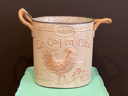 10" Galvanized Metal Rooster Container With Rope Handles