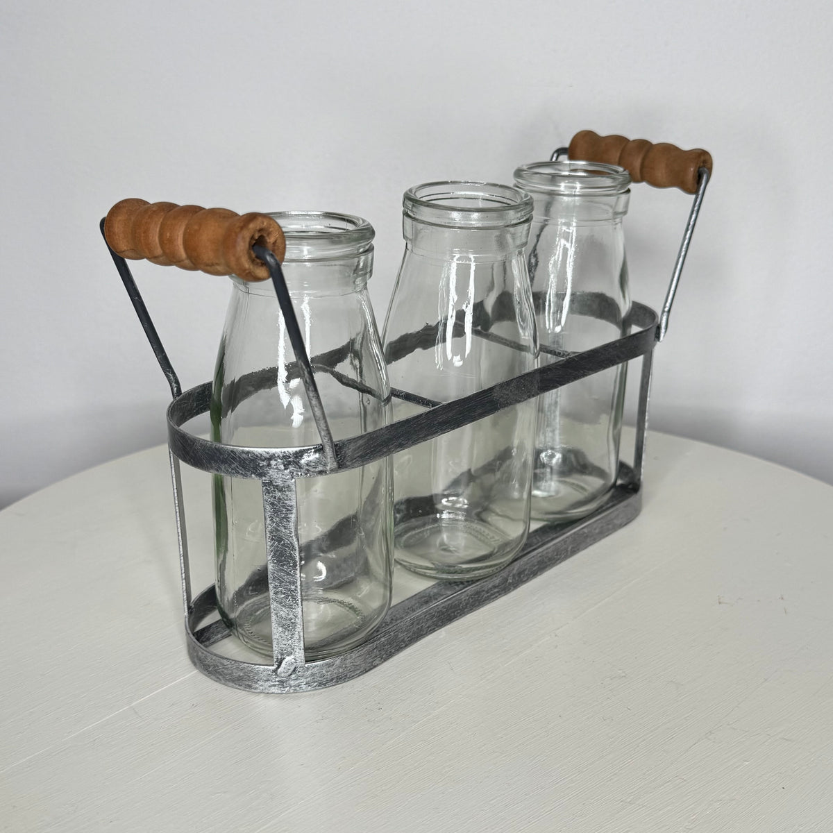 Metal Basket With Glass Milk Bottles