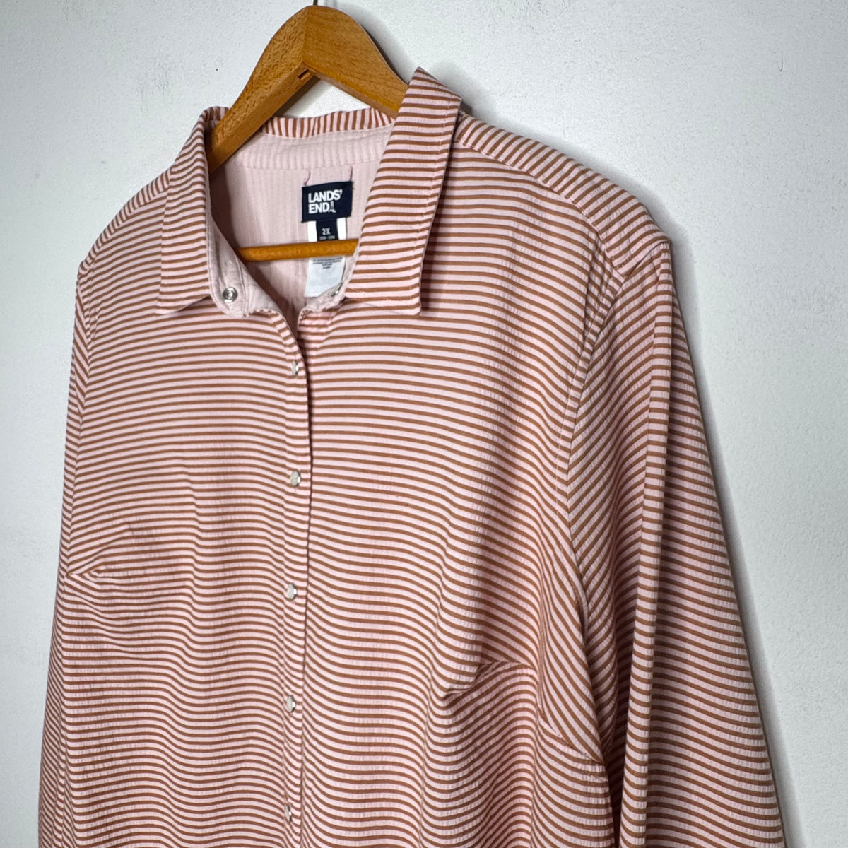 Lands End Striped Seersucker Long Sleeve Button Front Top - Size 2X