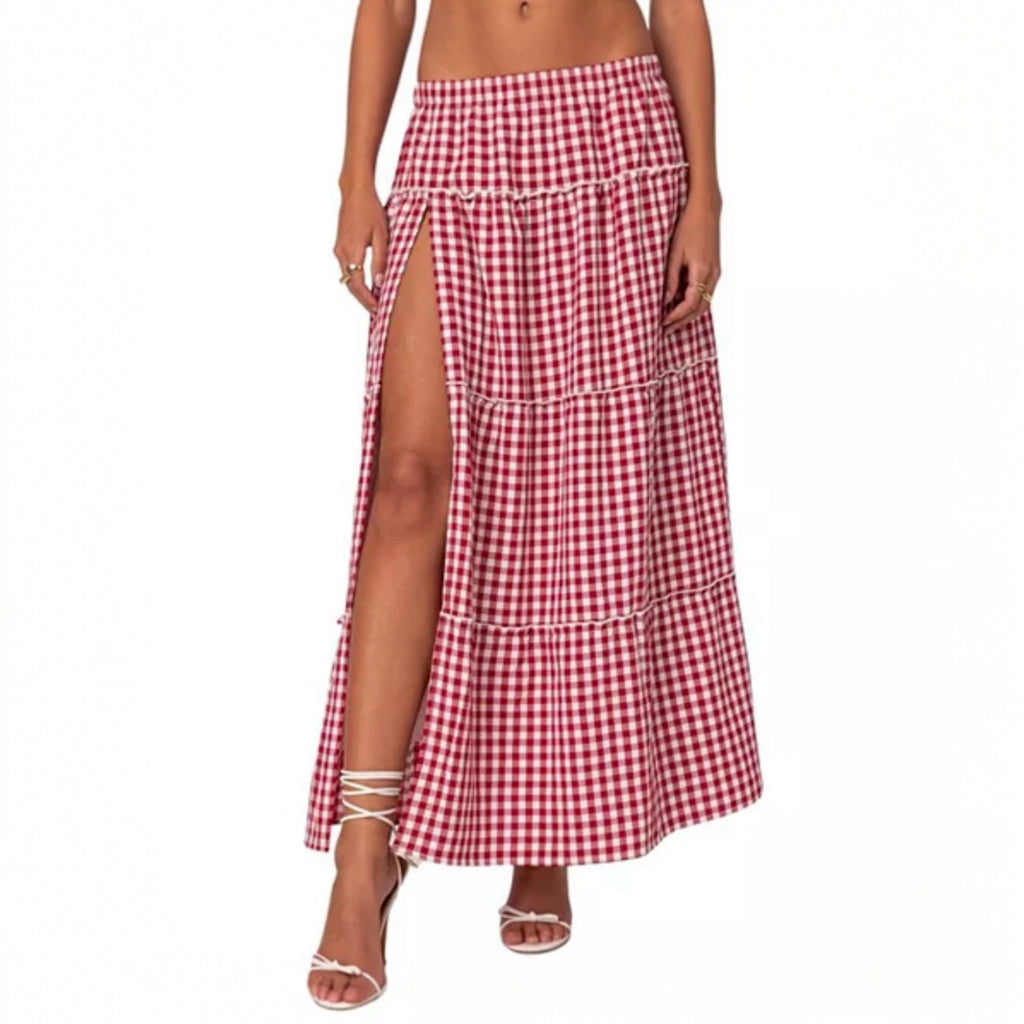 Edikted Red And White Gingham Side Slit Skirt - Size Small