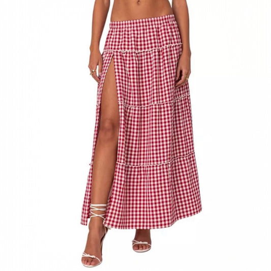 Edikted Red And White Gingham Side Slit Skirt - Size Small
