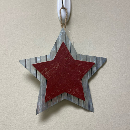 6 1/2" Red Wood & Metal Hanging Star