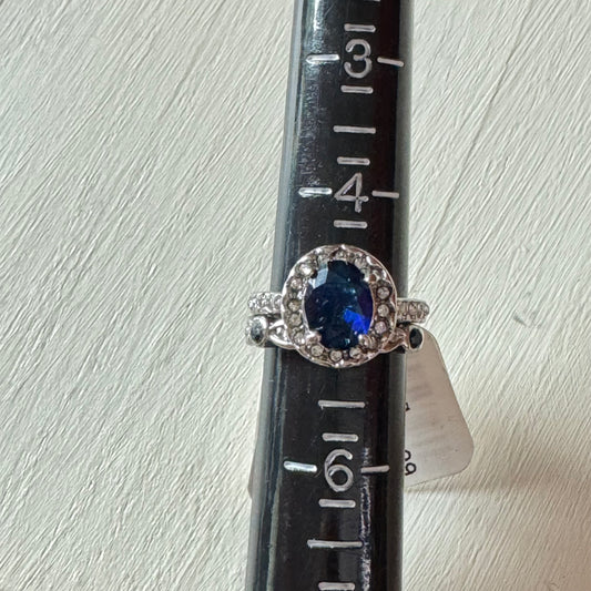 Oval Faux Sapphire Halo Ring - Size 5
