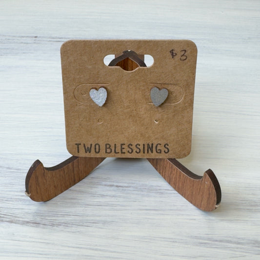 Two Blessings Earrings - Wood Heart - Silver