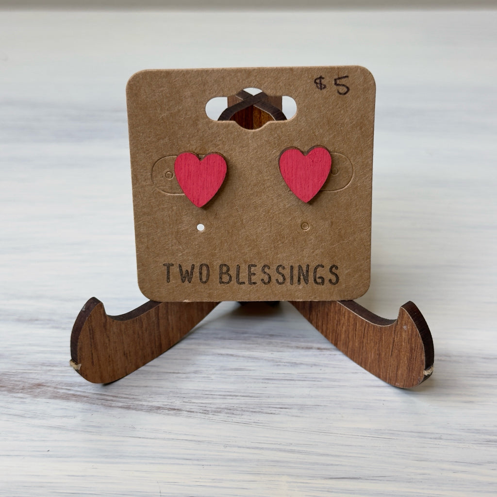 Two Blessings Earrings - Wood Heart - Red