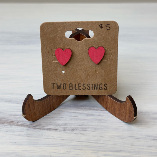 Two Blessings Earrings - Wood Heart - Red