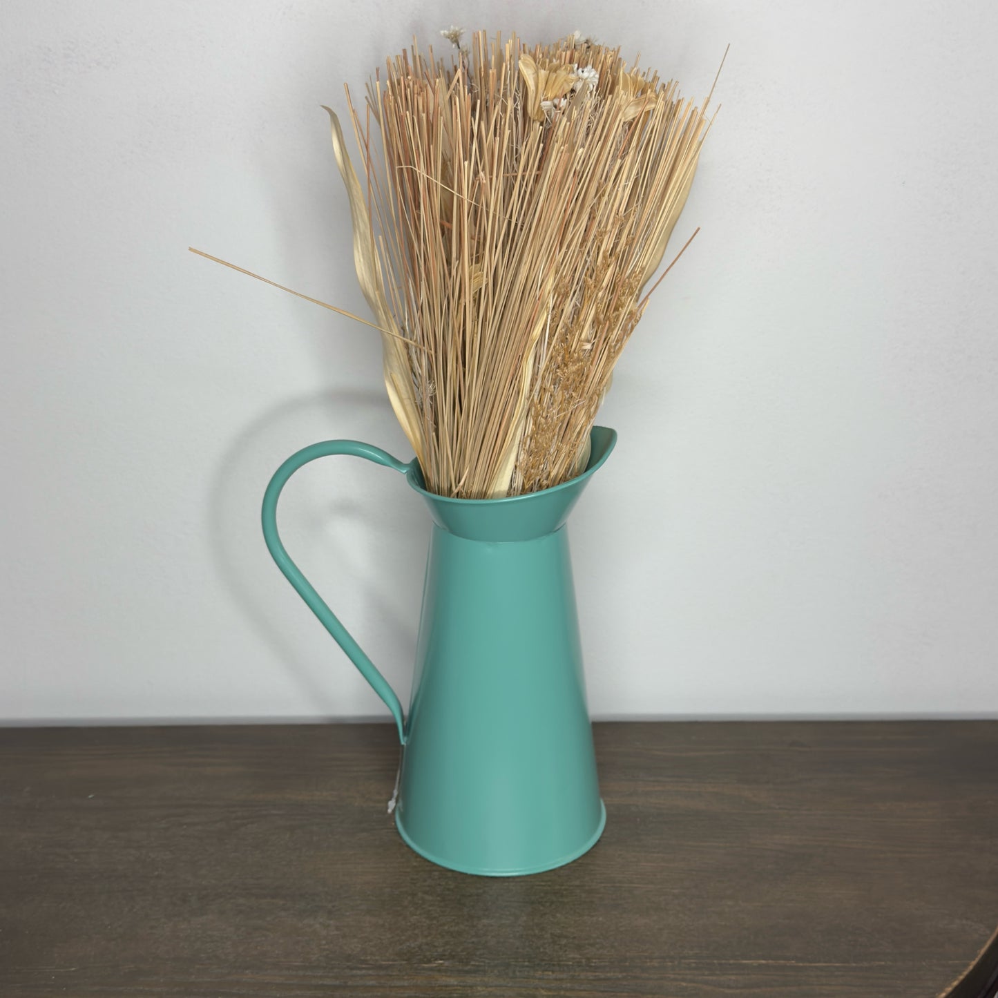 Boho Turquoise Metal Pitcher With Artificial Dried Natural Grass