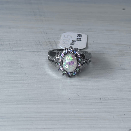 Simulated Opal Sunburst Halo Cocktail Ring - Size 5
