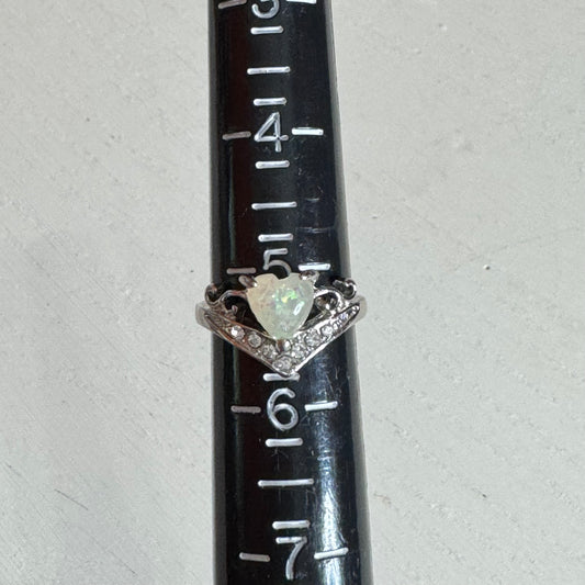 Heart Shaped Simulated White Opal Crown Ring - Size 5
