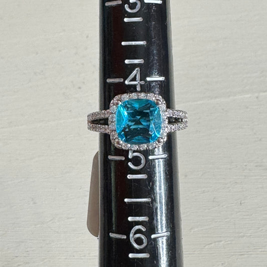 Cushion Cut Faux Blue Topaz Halo Ring - Size 5