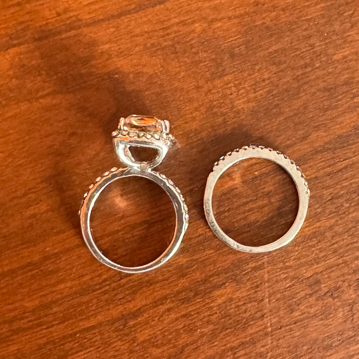 Vintage Inspired Peachy-Champagne Cushion Cut Halo Ring & Band - Size 5