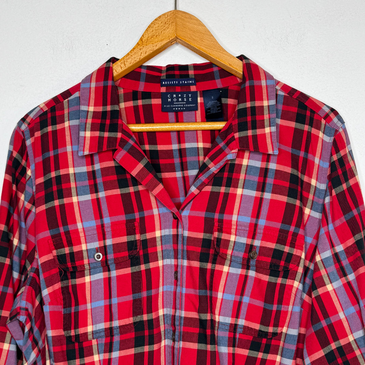 Crazy Horse Plaid Button Front Stain Resistant Top - Size 2X