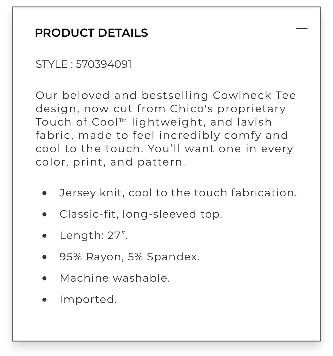 Chico’s Cowl Neck Long Sleeve Touch of Cool Tee - Size Large
