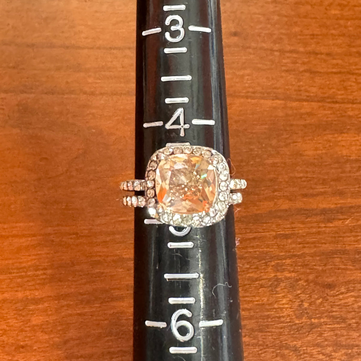 Vintage Inspired Peachy-Champagne Cushion Cut Halo Ring & Band - Size 5