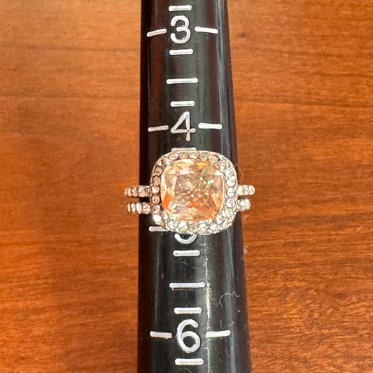 Vintage Inspired Peachy-Champagne Cushion Cut Halo Ring & Band - Size 5