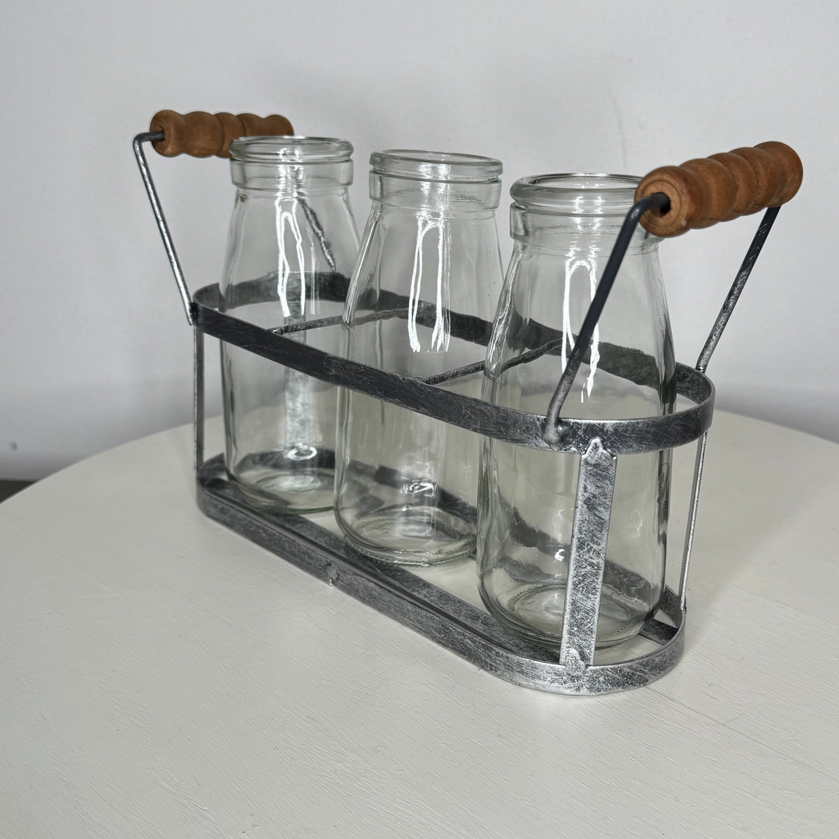 Metal Basket With Glass Milk Bottles