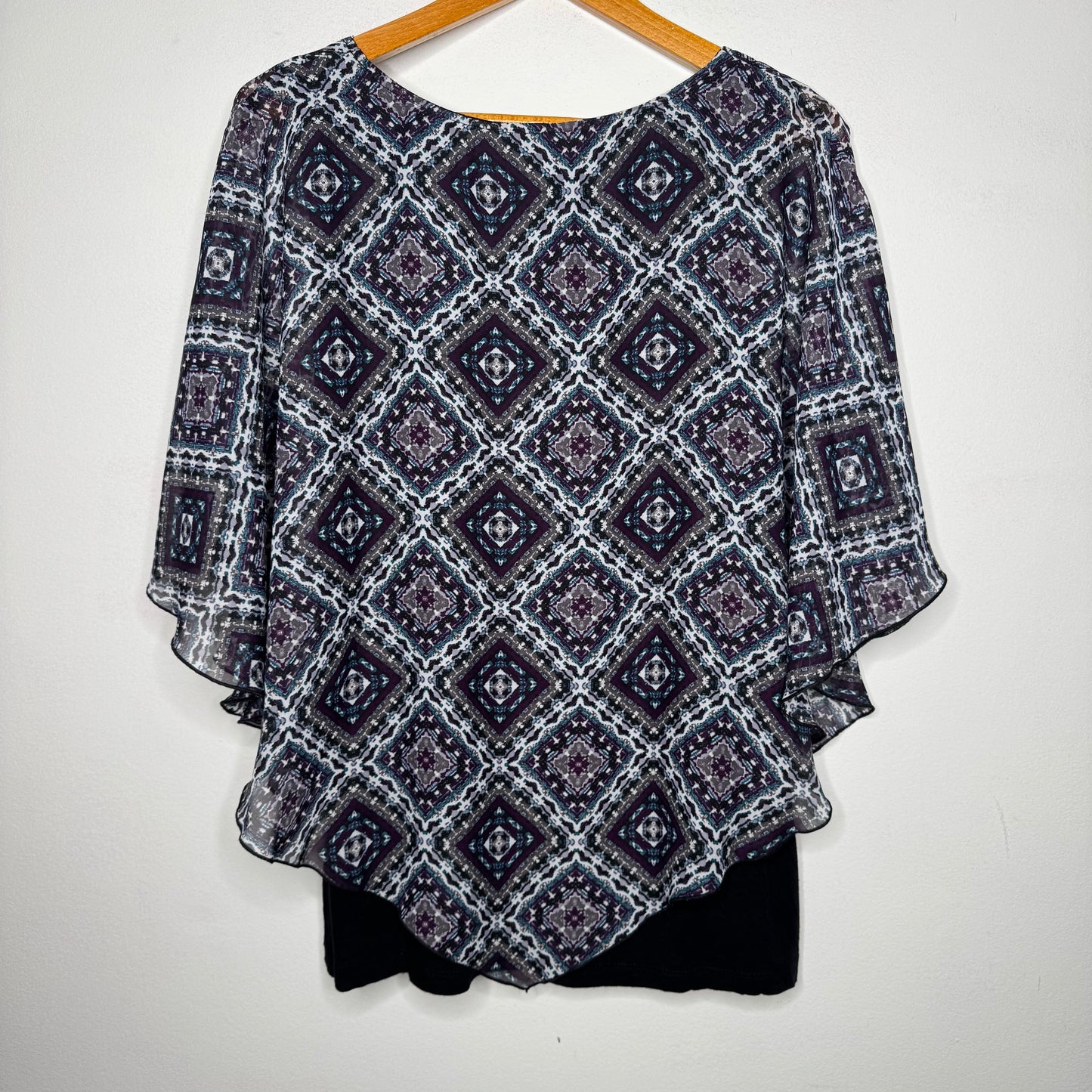 AB Studio Geometric Diamond Print Chiffon Overlay Cape Top - Size XL