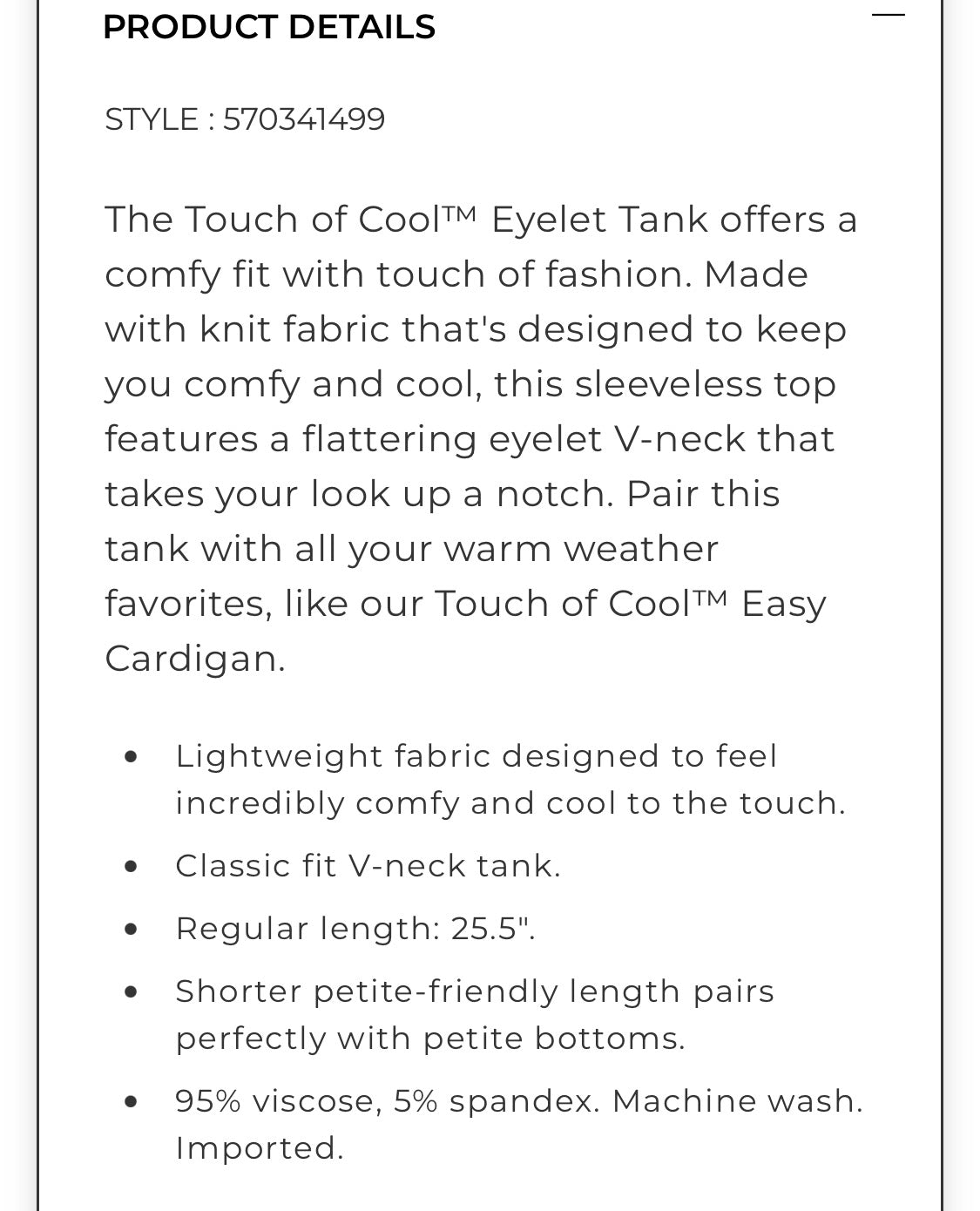 Chico’s Touch of Cool Eyelet Tank Top - Size Large