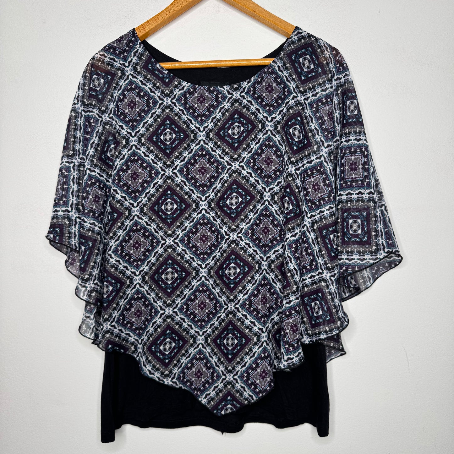AB Studio Geometric Diamond Print Chiffon Overlay Cape Top - Size XL