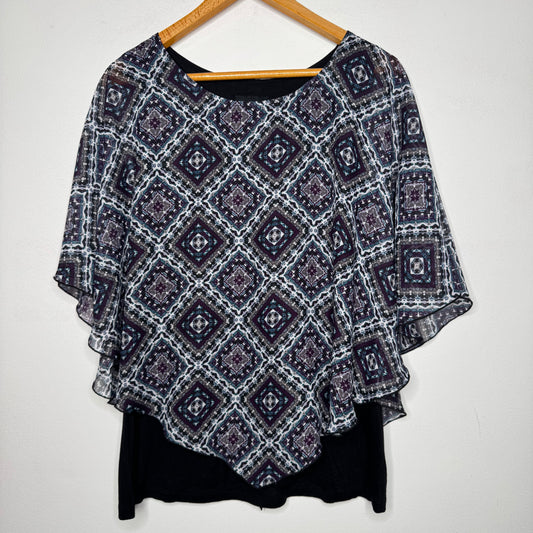 AB Studio Geometric Diamond Print Chiffon Overlay Cape Top - Size XL