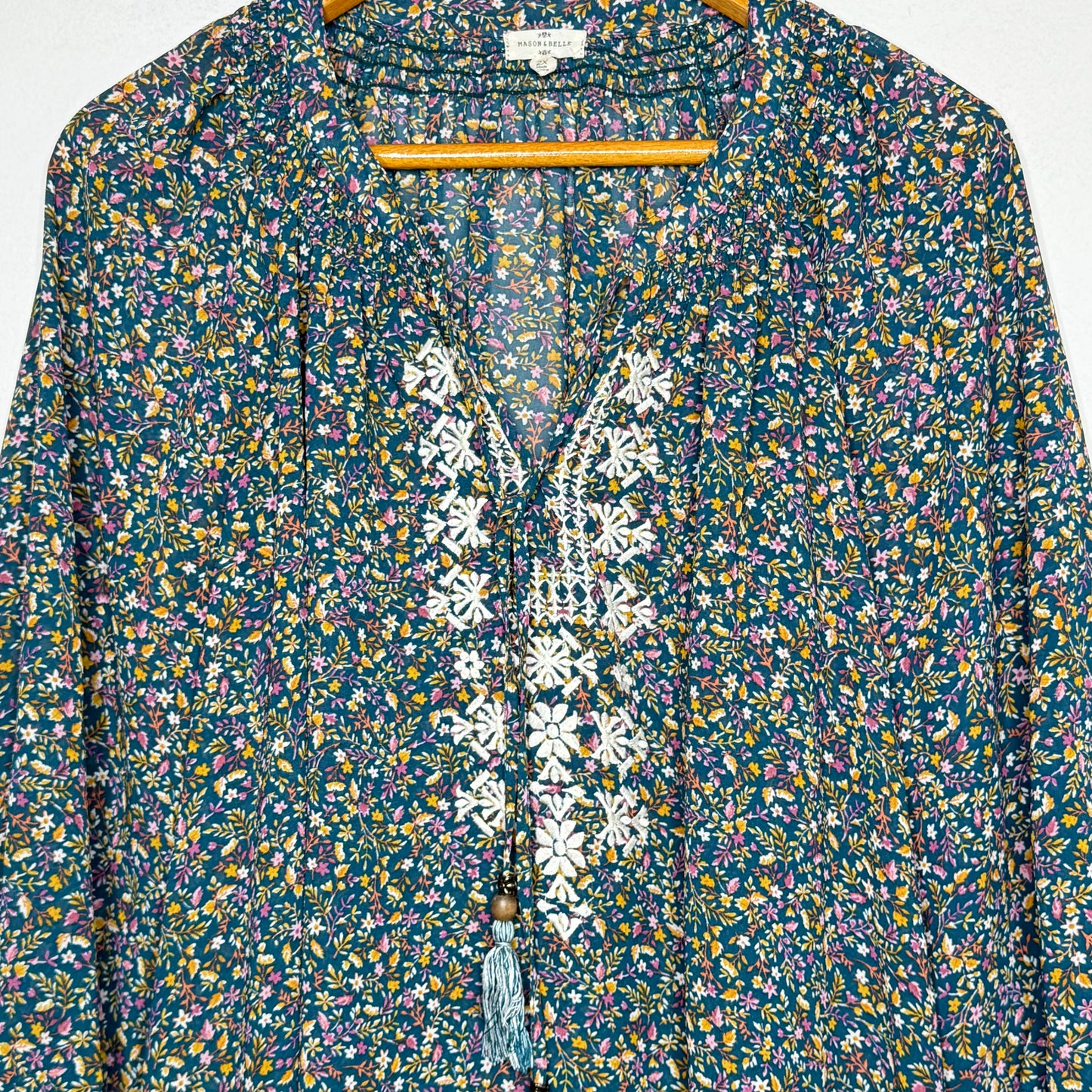Mason & Belle Floral Print Embroidered Tie-Neck Top - Size 2X