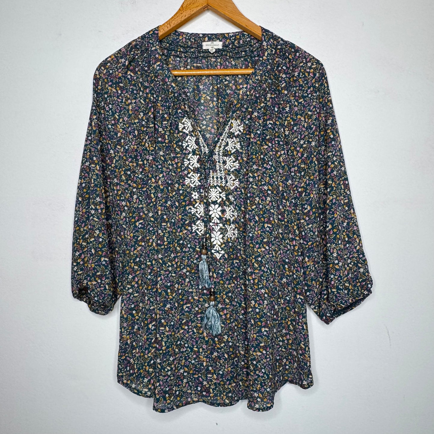 Mason & Belle Floral Print Embroidered Tie-Neck Top - Size 2X