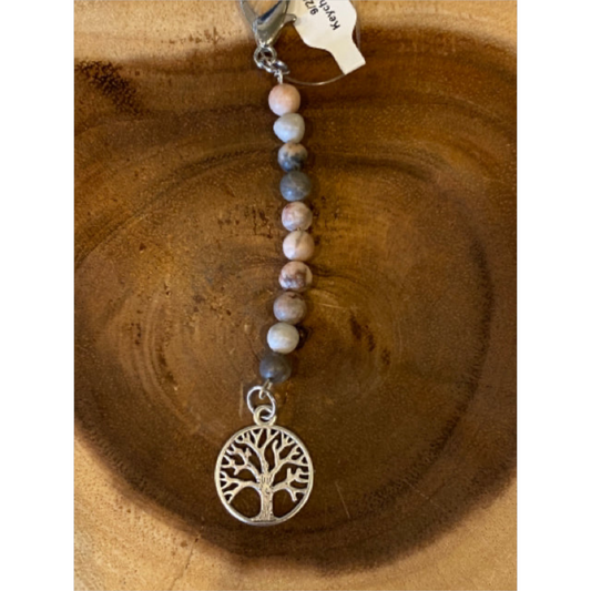 Inga Ann's Pink Zebra Jasper Keychain Bag Charm w/Family Tree Charm