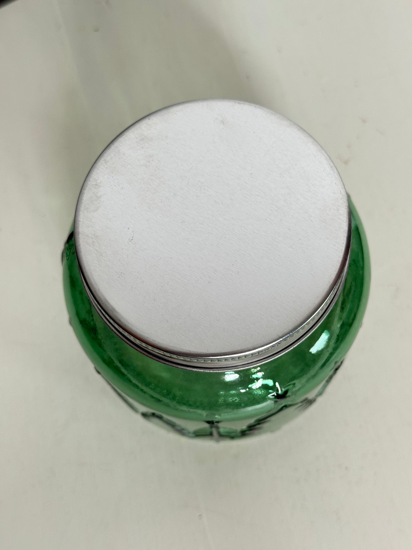 Green Christmas Tree Embossed Glass Jar w/Lid