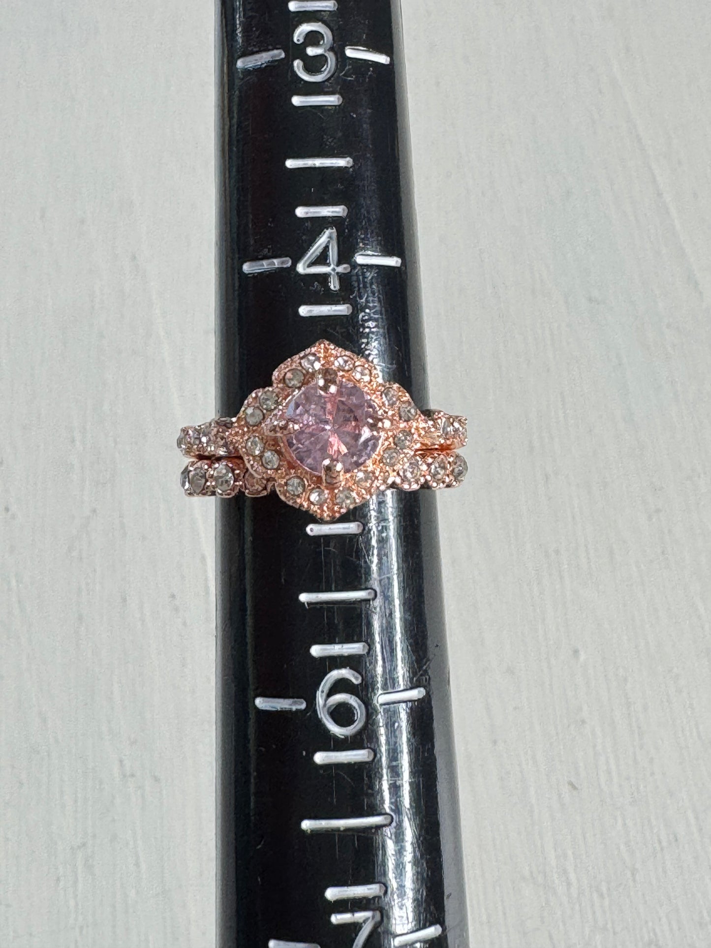 Art Deco Style Pink Crystal Halo Ring Stack Set - Size 5