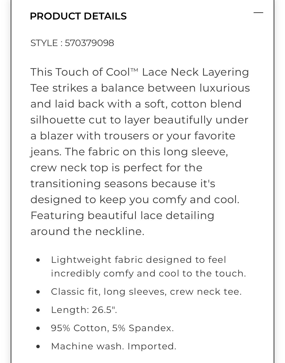 Chico’s Touch of Cool Lace Neck Layering Tee - Size Large