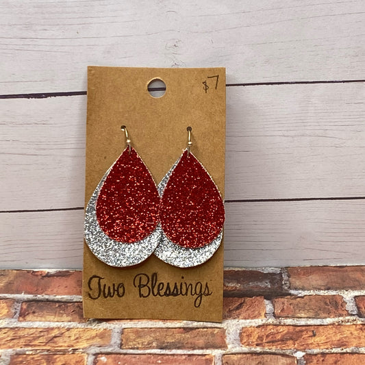 Two Blessings Earrings - Red Glitter Over Silver Glitter