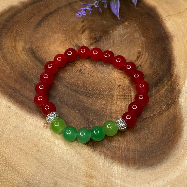 Inga Ann's Beaded Bracelet - Red & Green Beads W/Silver Rondelle