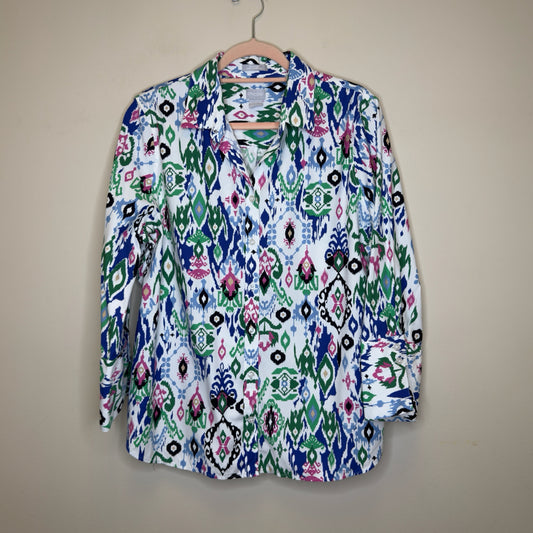Chico's No Iron Chic Stretch Ikat Print Top - Size Large