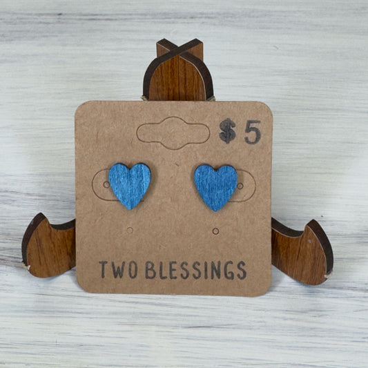 Two Blessings Earrings - Wood Heart - Blue