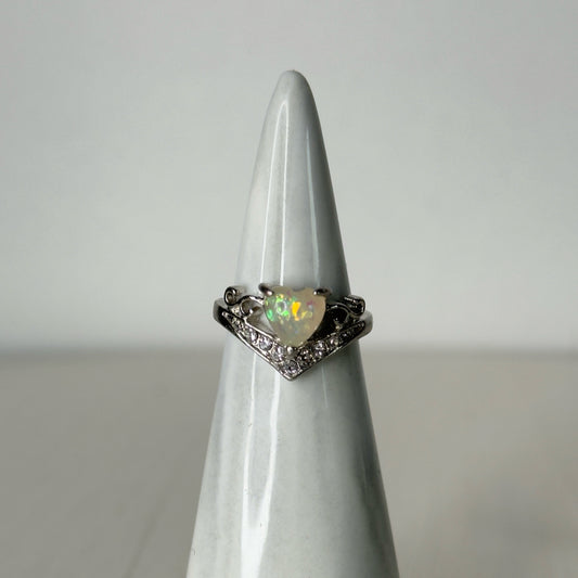 Heart Shaped Simulated White Opal Crown Ring - Size 5