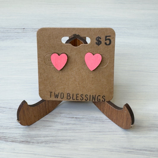 Two Blessings Earrings - Wood Heart - Coral