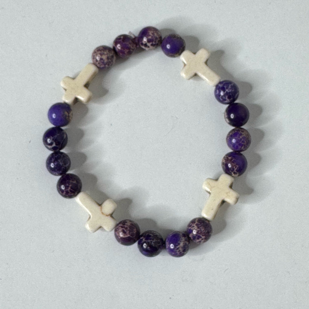 Inga Ann's Purple Jasper & Howlite Cross Beaded Bracelet