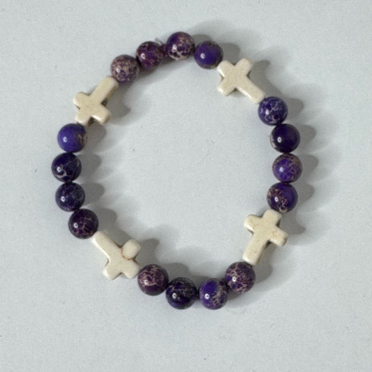 Inga Ann's Purple Jasper & Howlite Cross Beaded Bracelet