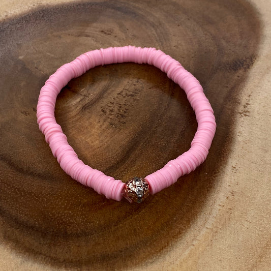 Inga Ann's Pastel Pink Heishi Bracelet w/Rose Gold Bead
